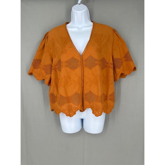 LOGO Lavish Jacket Womens Large Orange Eyelet Lace Cropped Cottagecore Boho - Picture 1 of 7